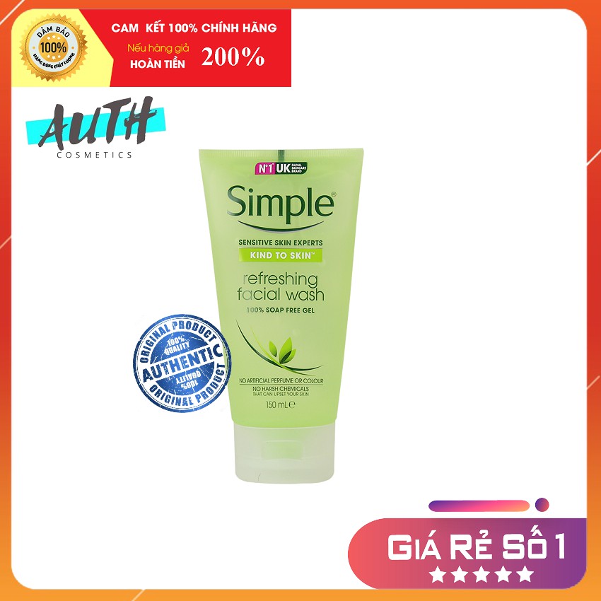 Sữa rửa mặt dưỡng ẩm dịu nhẹ Simple kind to skin refreshing facial wash gel 150ml Auth Hàn Quốc