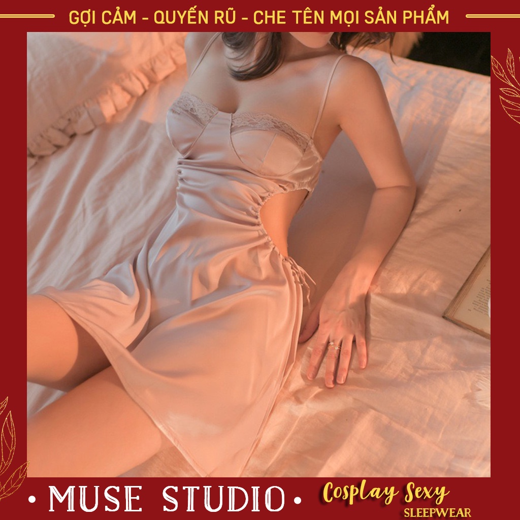 Váy ngủ sexy, đầm ngủ hai dây khoét eo rút dây tôn vòng 2 quyến rũ, vải satin cao cấp