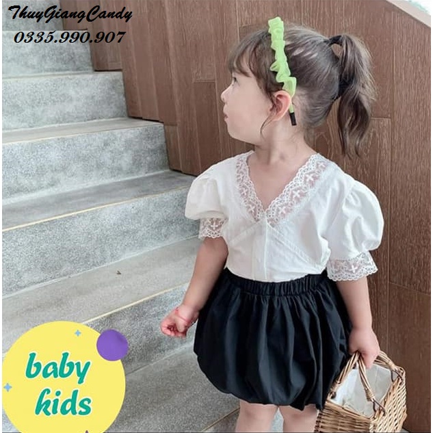 Sét chân váy bồng kết hợp áo sơ mi viền ren điệu đà cho bé gái 8-24kg