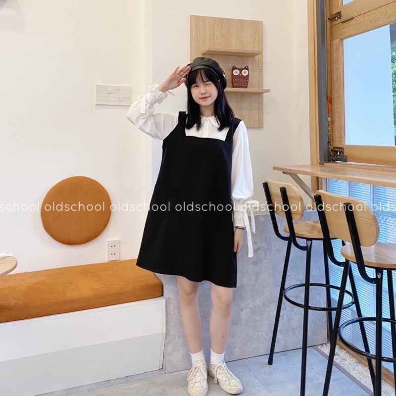 Váy cổ sen liền yếm hai dây thắt nơ tay