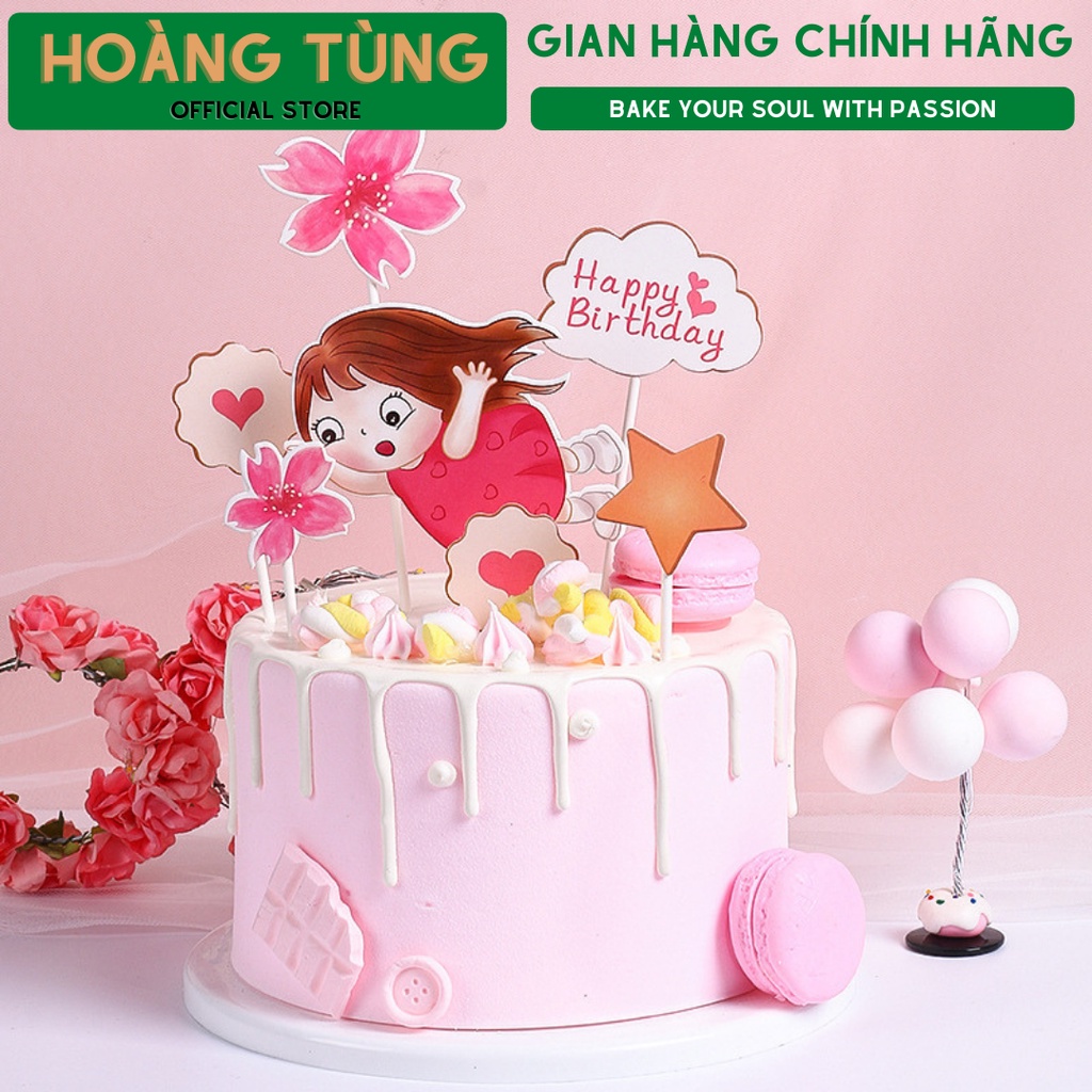 Set trang trí bánh sinh nhật, bánh kem, bé hoa đào