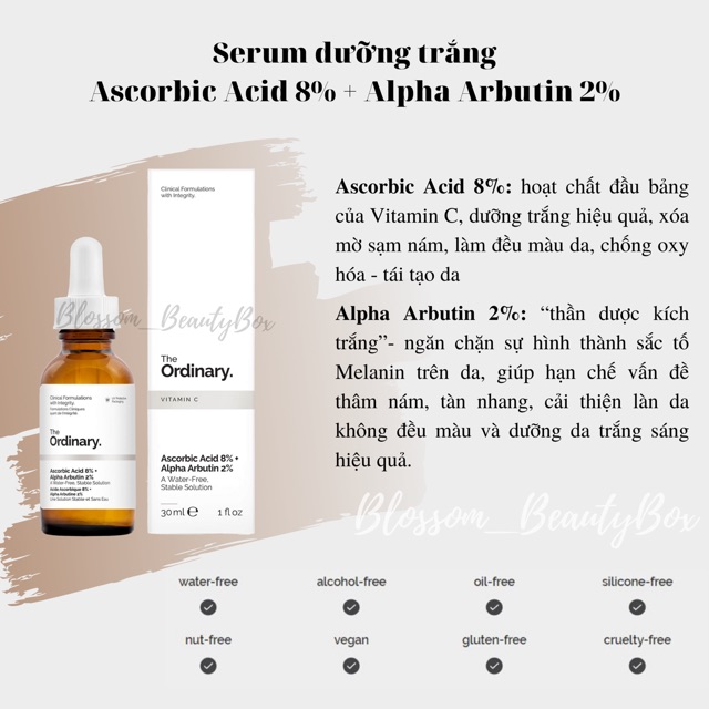 Serum Ascorbic acid 8% + Alpha Arbutin 2% dưỡng trắng, mờ thâm mụn, nám da The Ordinary