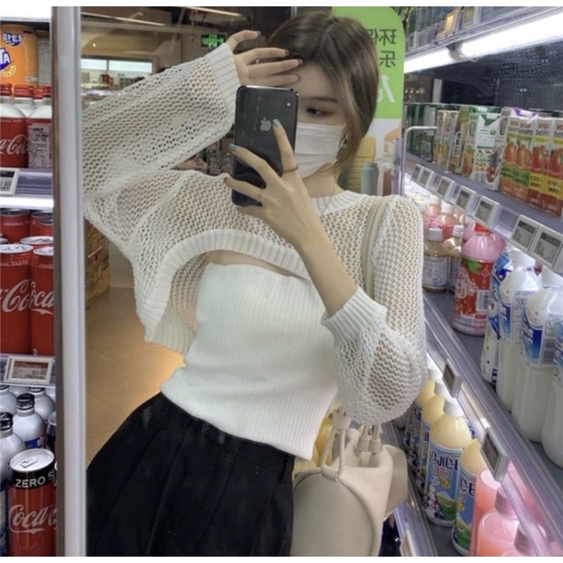 Set áo ống dây chéo vai kèm croptop lưới
