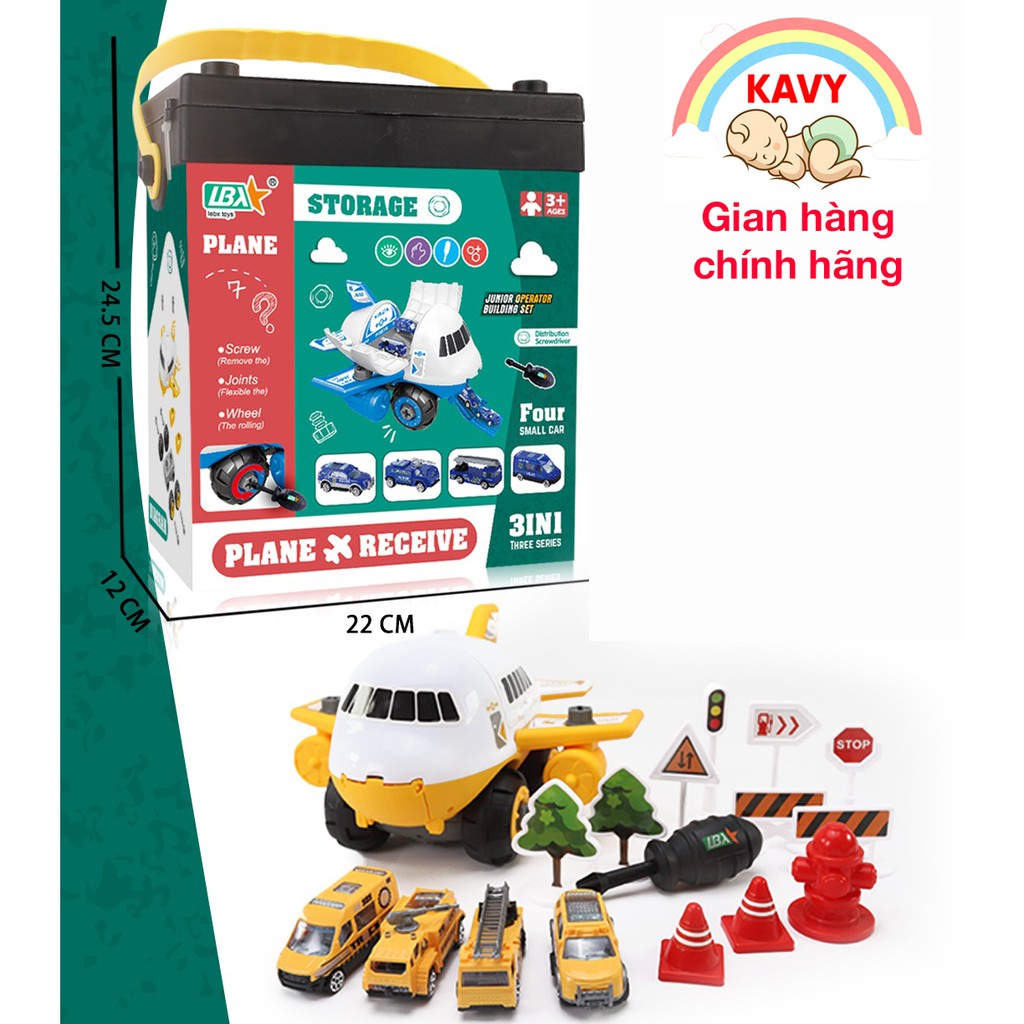Đồ chơi lắp ráp máy bay chở đồ kèm 4 ô tô kim loại, tua vít, biển báo rèn luyện kĩ năng thực hàng sáng tạo cho bé - KAVY
