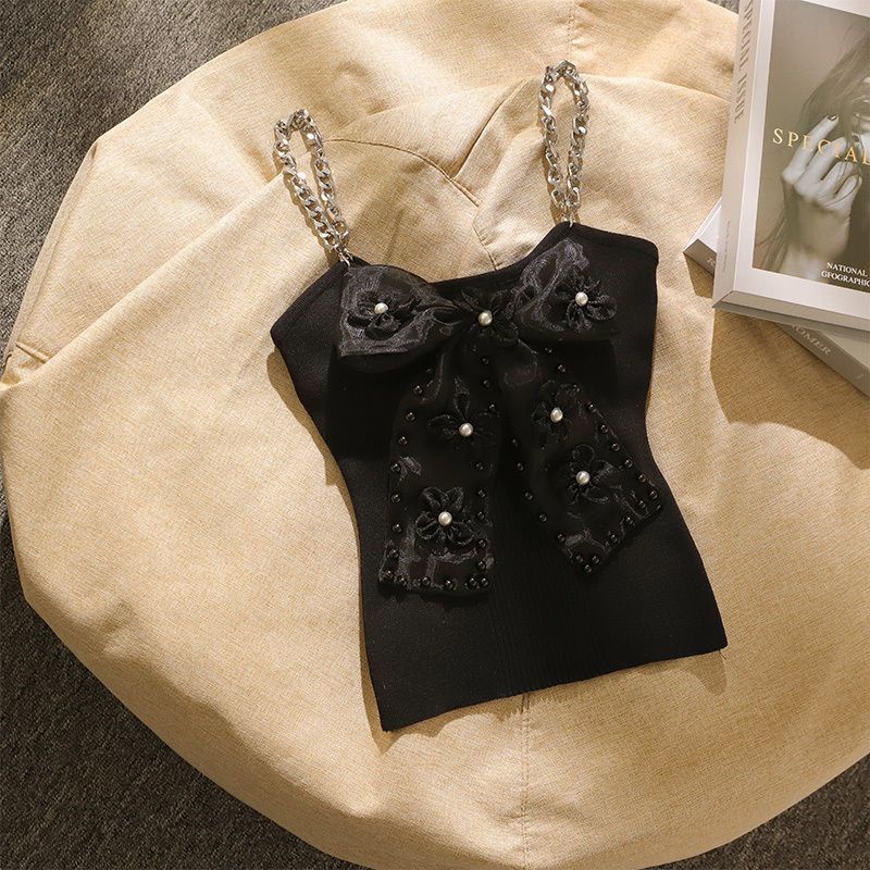 Pearl Bow Ice Silk Camisole Women's Inner Wear Outer Wear Pure Desire Wind Iron Chain Shoulder Strap Top