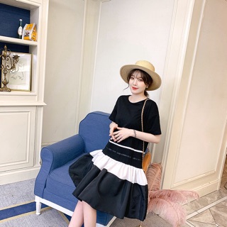 (Order) bigsize Đầm dáng xoè đuôi cá phối đen trắng