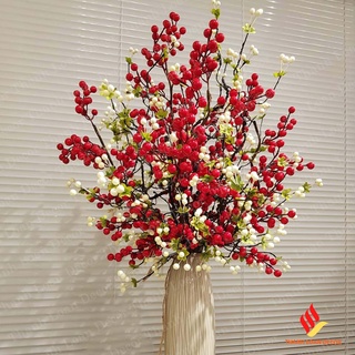 Hoa giả trang trí decor - Cành đào đông đỏ tài lộc Tết loại 1 - 1 cành cherry xốp 95 cm 12 nhánh nhỏ, quả tròn bóng đẹp