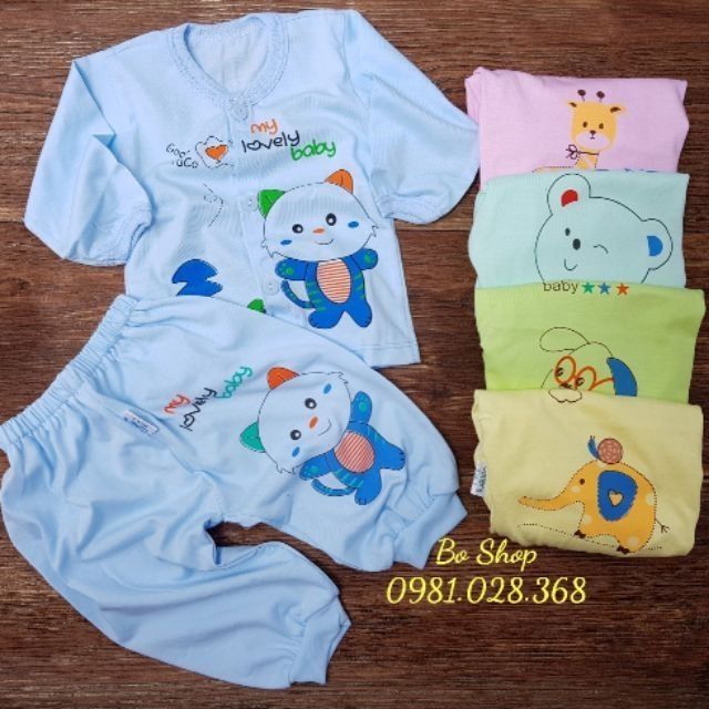 Bộ Quần Áo Dài Sơ Sinh Cúc Giữa, Vải Cotton Cho Bé 3-10Kg, BD2V