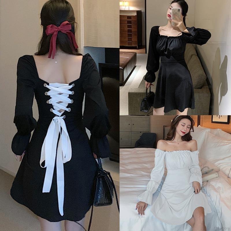 Đầm Tay Dài Cổ Vuông Thiết Kế Hở Lưng Quyến Rũ Cho Nữ