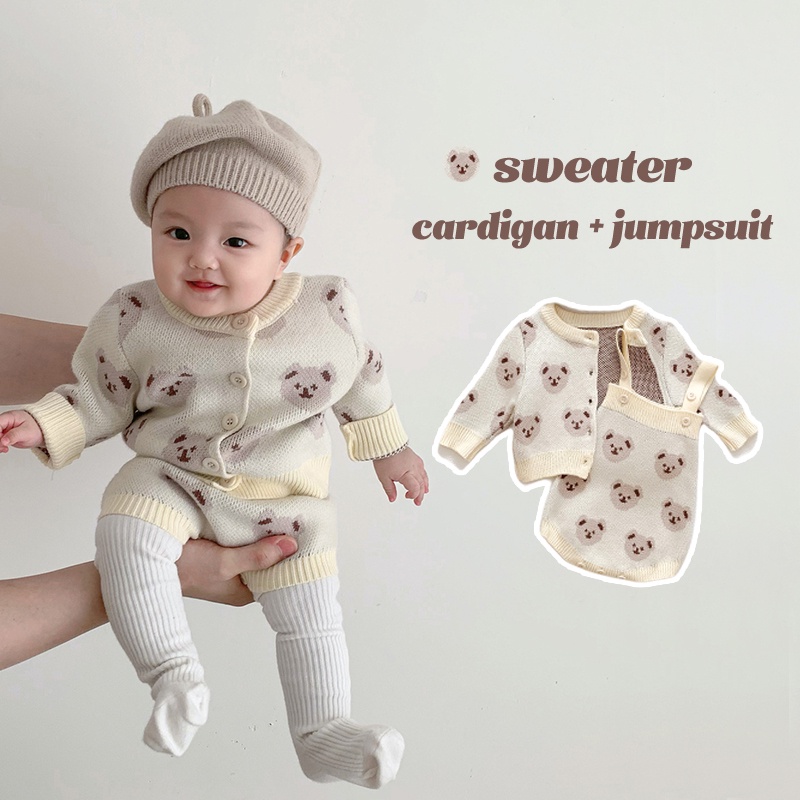Bộ Áo Liền Quần Cardigan Tay Dài In Hình Gấu Dễ Thương Thời Trang Thu Đông Cho Bé Gái
