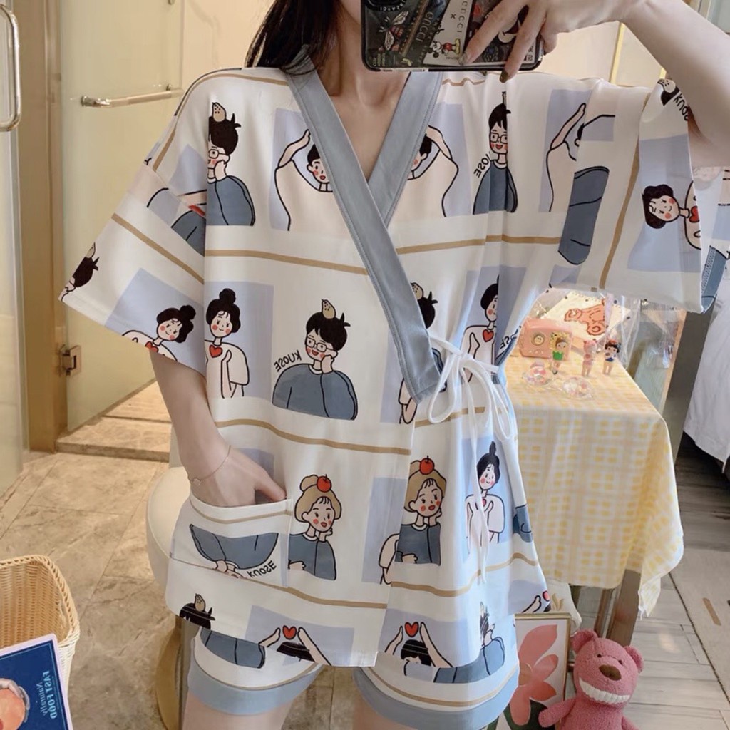 Bộ Pijama Nữ Dây Eo Cộc Tay Icon 🦋 Set Ngủ Mặc Nhà Ngắn Tay Nhiều Màu 🦋 Bộ đồ Kimono Kẻ Emo Nam nữ - Yukata quả đào