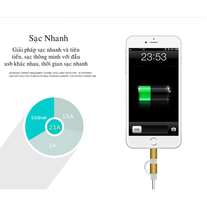 Tẩu sạc dây rút gọn ô tô 2 chân usb và 1 dây sạc thông minh dài 85 cm sẵn chân micro-usb và ip