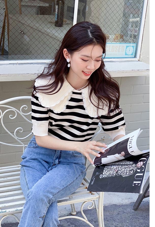Áo Dệt Kim Cổ Bẻ Tay Ngắn Phối Ren Hoa Hoạ Tiết Kẻ Sọc Có Thể Tháo Rời 51157