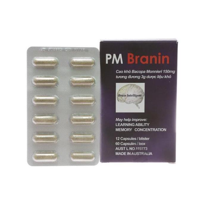 Hộp 60 viên PM Branin của ÚC cải thiện chức năng não bộ, hỗ trợ nâng cao khả năng ghi nhớ, tăng khả năng tập trung