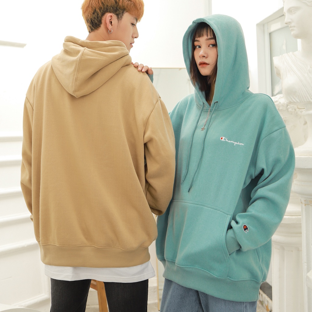 Áo Hoodie Thêu Logo Champion Sắc Nét Phía Trước Chất Vải Nỉ Bông Cotton Form Rộng Rãi Unisex Nam Nữ Màu Xanh Mint