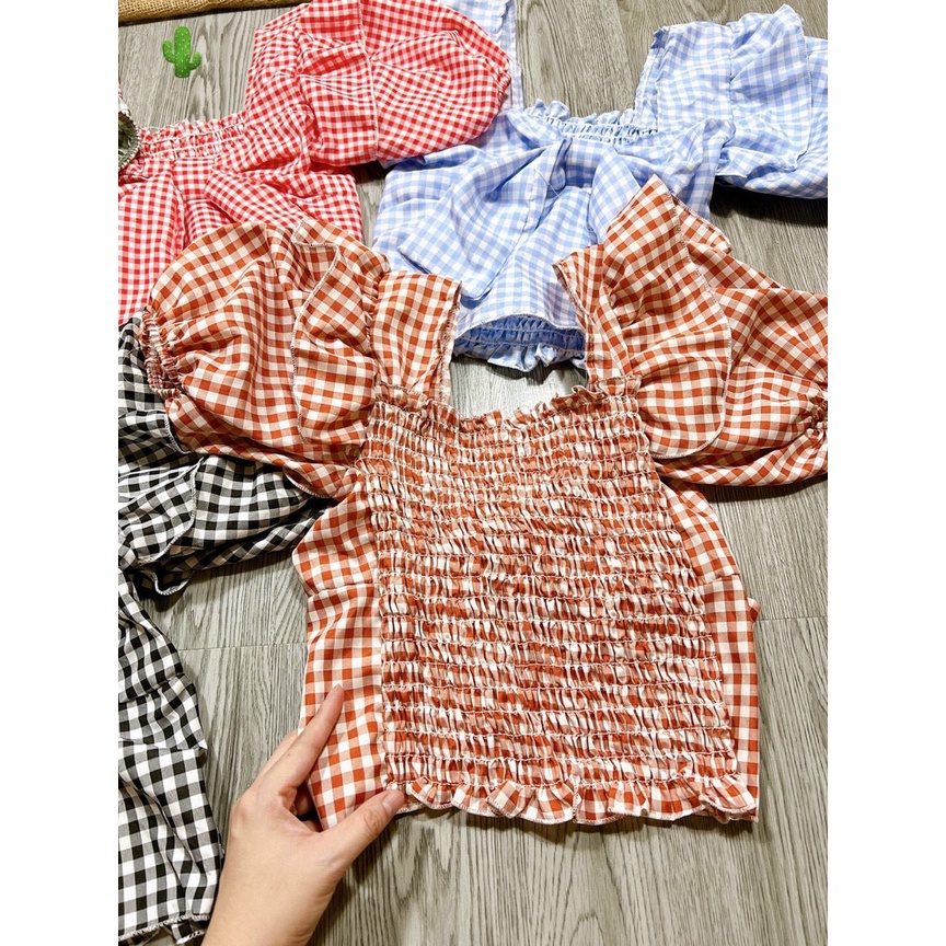 áo croptop tay phồng ngắn carro xinh nơ ngực p