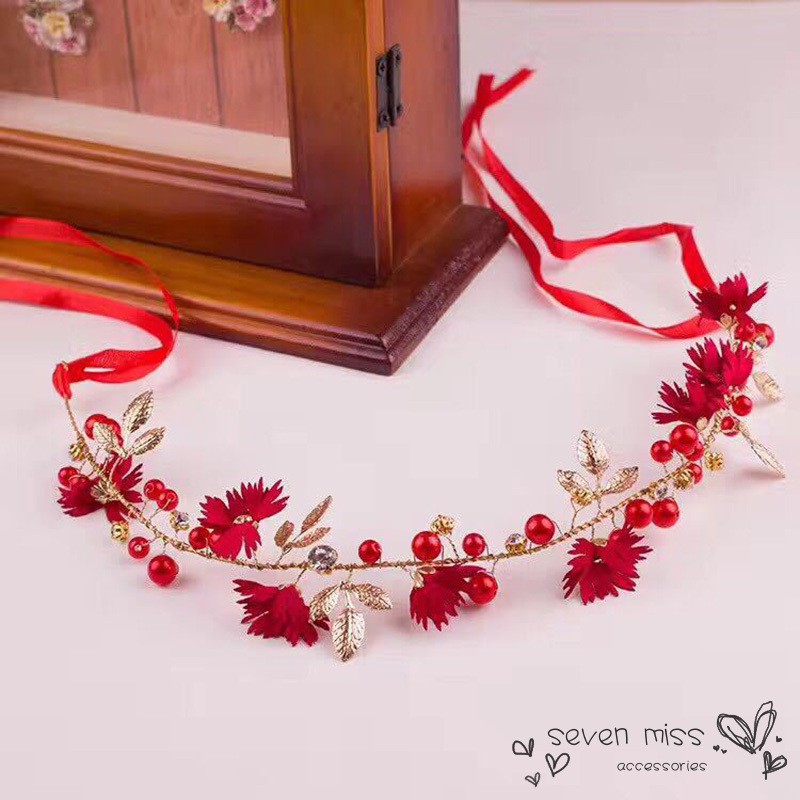 Băng đô cài tóc đính hoa dạng cột nơ xinh xắn dùng trang điểm cô dâu tiện dụng xinh xắn