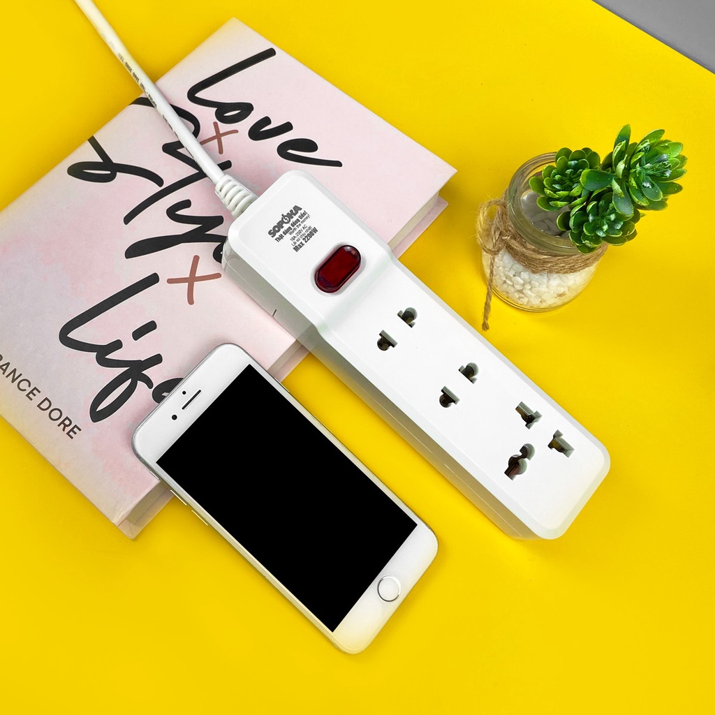 Ổ cắm điện , ổ điện liền dây chịu tải 2200W SOPOKA có công tắc an toàn màu trắng