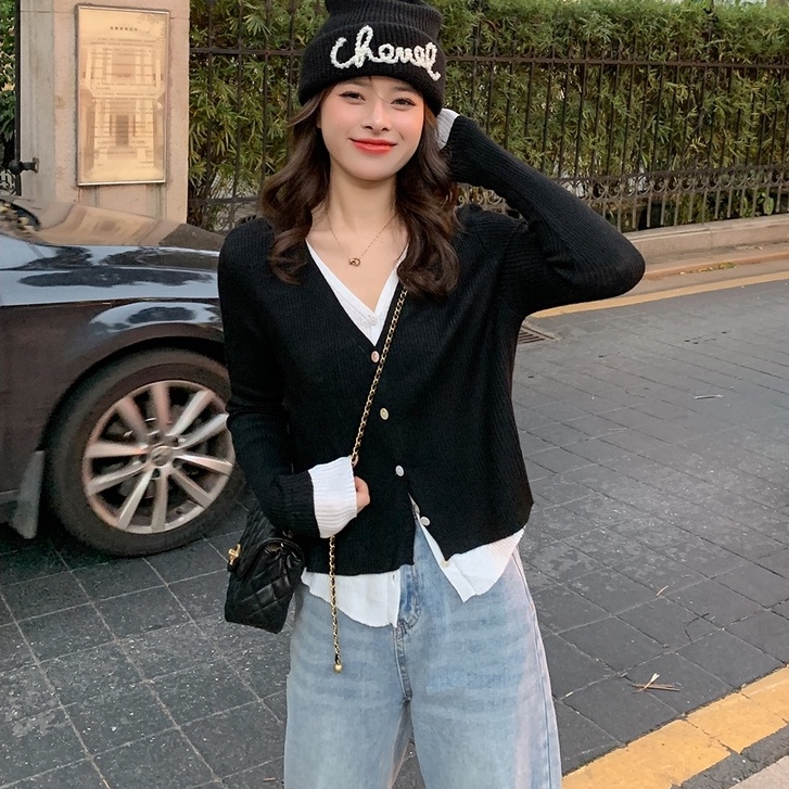 Áo len ZHELIHANGFEI tay dài cổ chữ V giả hai lớp thời trang dễ phối đồ