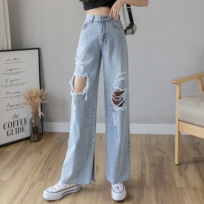 Quần jeans rách lỗ Nữ Mẫu Mới Xuân Hè năm 2021 cạp cao kiểu mỏng dáng rộng rủ xuống dáng rộng ống thẳng xẻ hai chân rộng