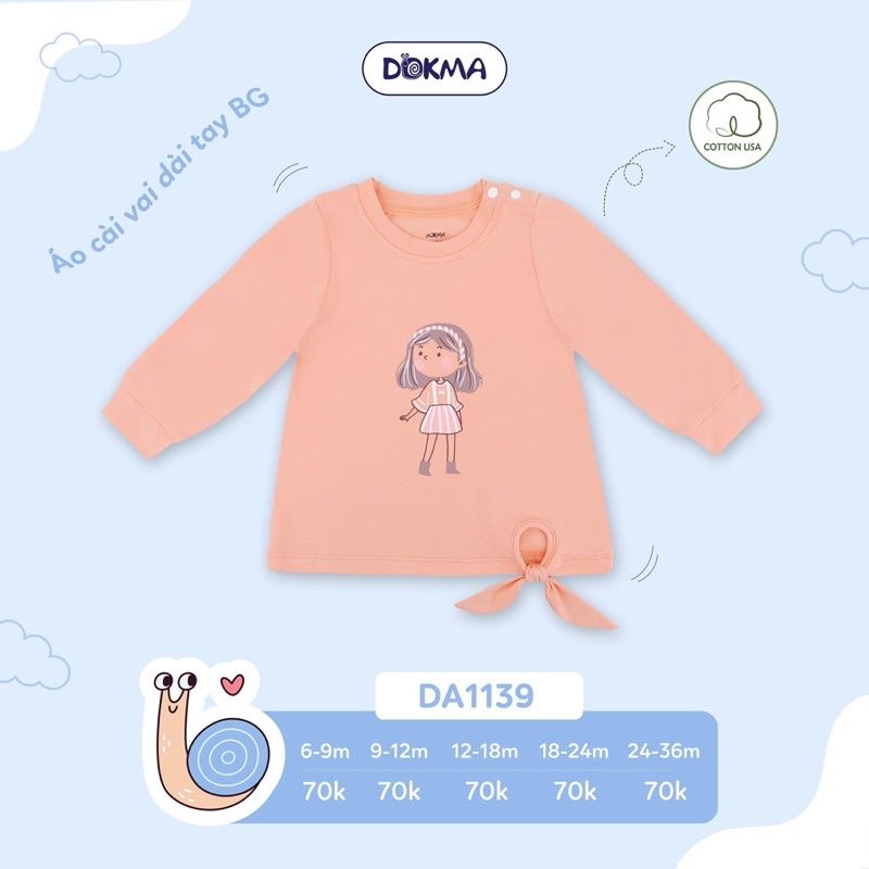 Áo dài tay cài vai buộc nơ bé gái Dokma 9-36M DA1139
