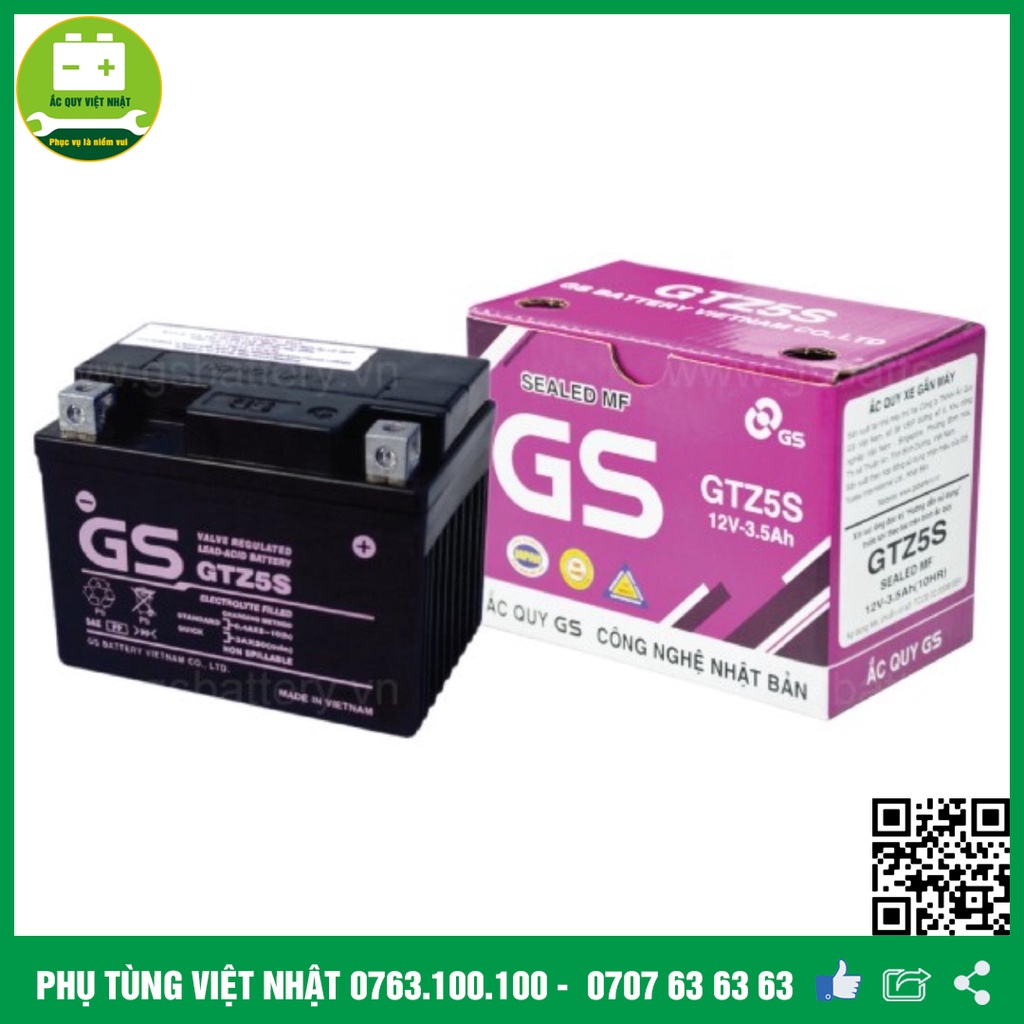Ắc Quy GS GTZ5S (12V - 3.5AH) Kích thước (mm): 112 x 70 x 85 (Dài x Rộng x Cao) | chinhs hãng ắc quy GS