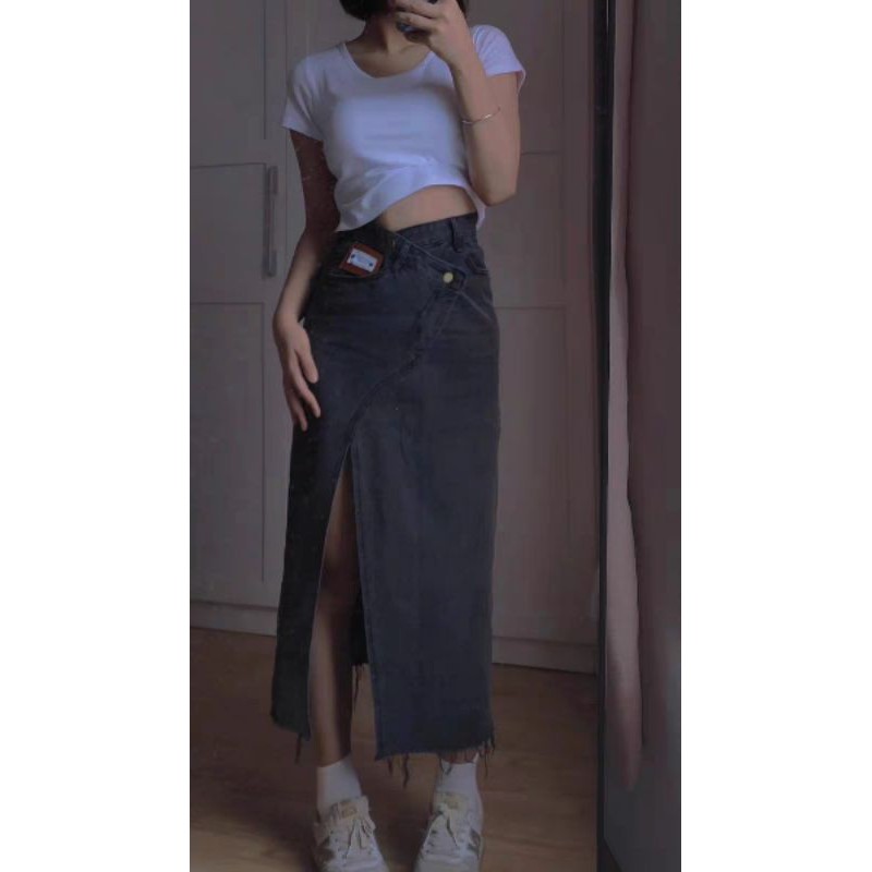 Chân váy jeans dài xẻ đùi cao phối đai eo chéo cá tính