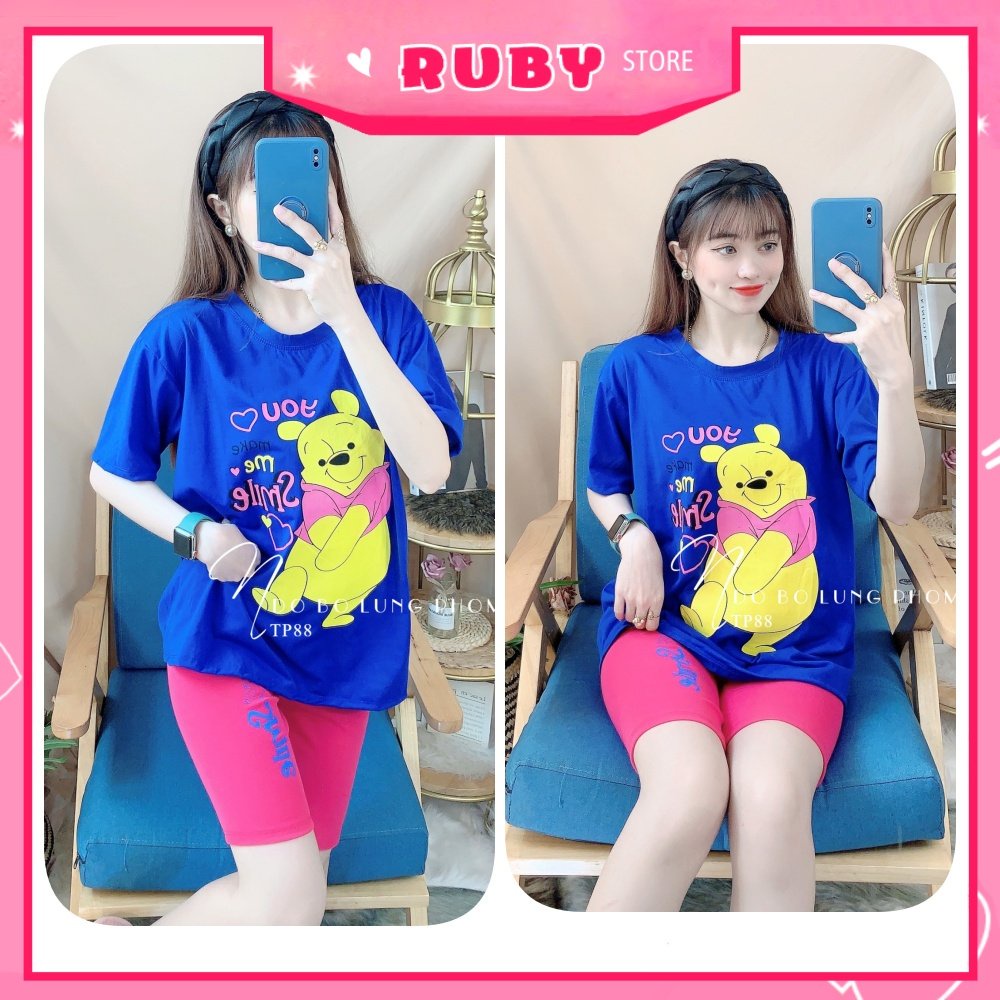 Đồ bộ thun lửng phom to cho nữ mặc nhà chất thun mềm mát in hình gấu hoạt hình dễ thương TP88