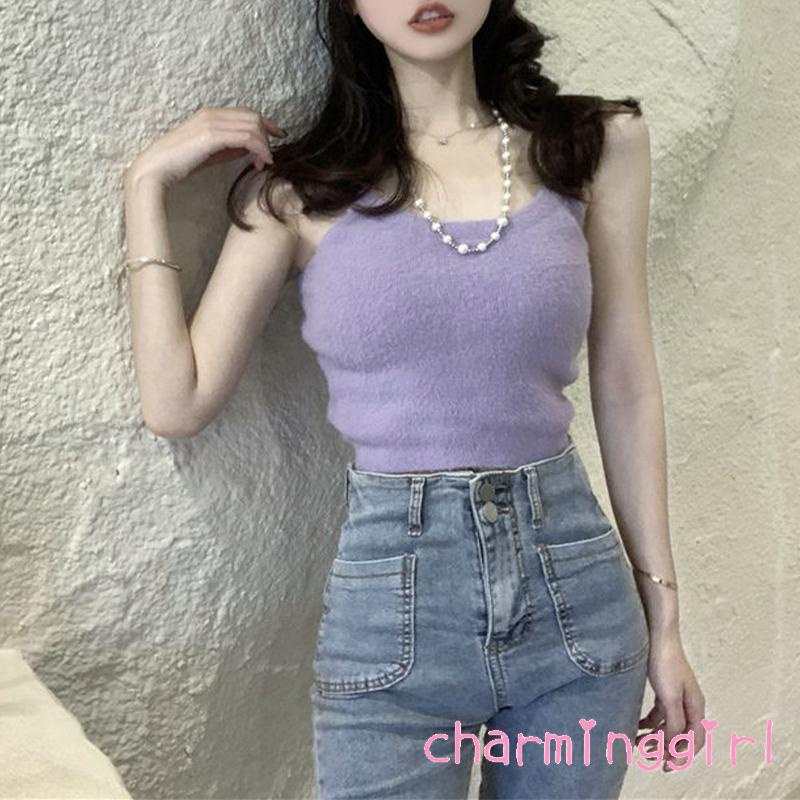 Áo croptop hai dây cổ chữ U màu sắc thời trang sành điệu cho nữ