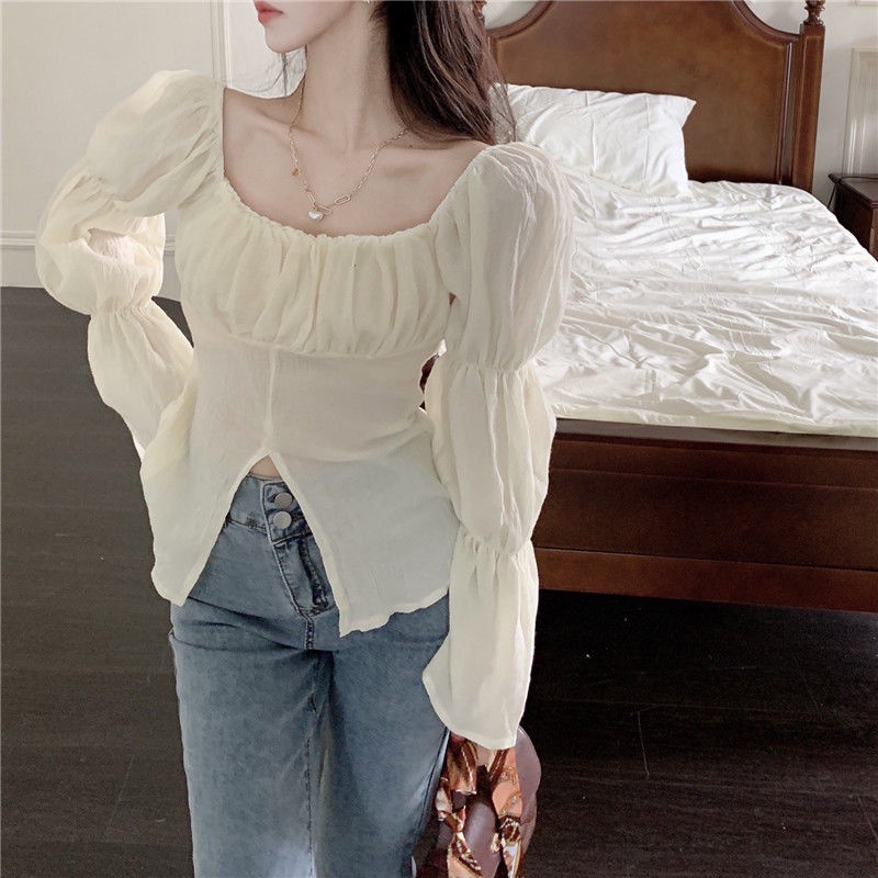 Áo Kiểu Pháp Cổ Vuông Tay Dài Loe Xếp Ly Thời Trang Mùa Thu Hàng Mới 2023