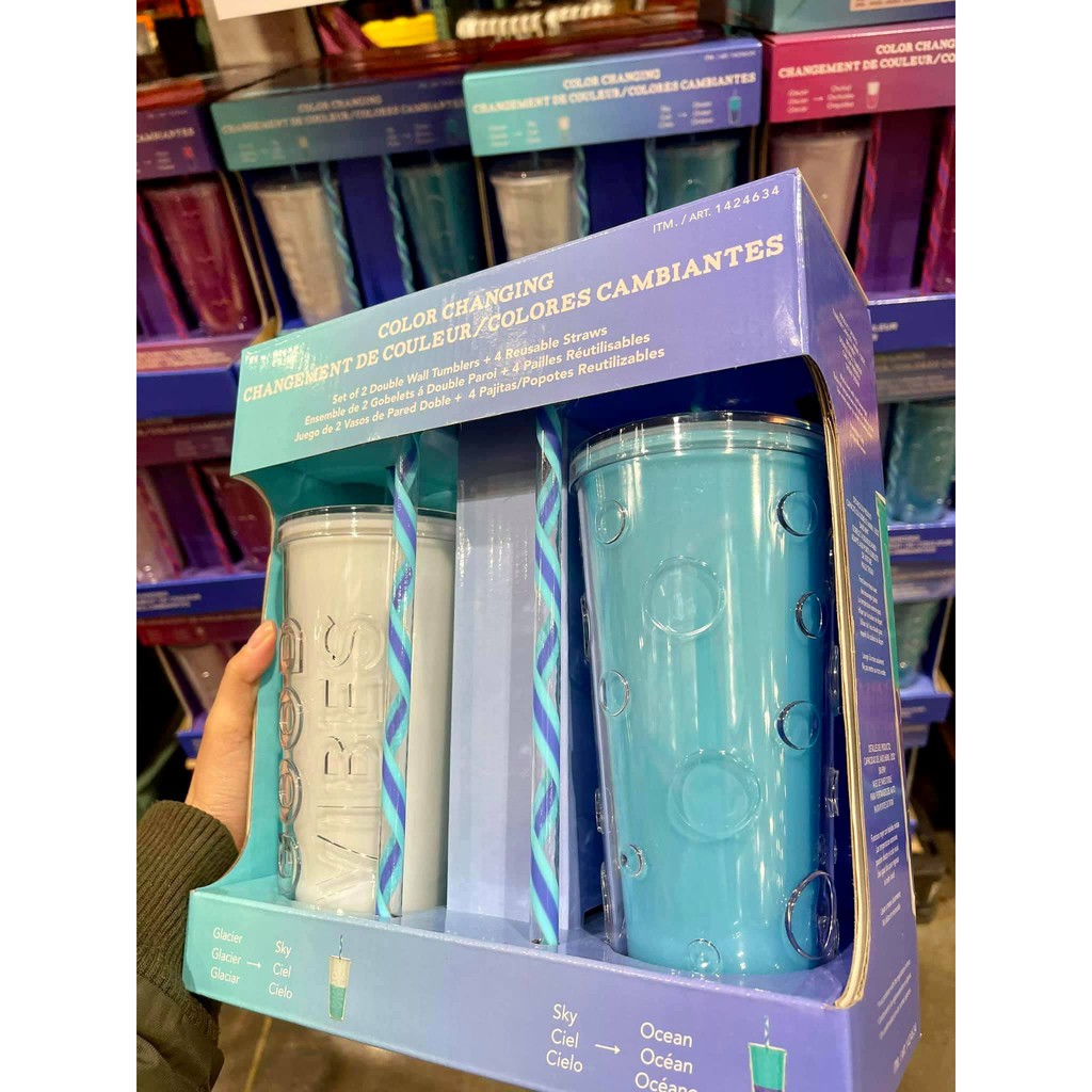 📌Set ly giữ nhiệt đổi màu PARKER LANE của Mỹ (đổi màu theo nhiệt độ nước), dung tích 650ml, set gồm 2 ly và 4 ống hút