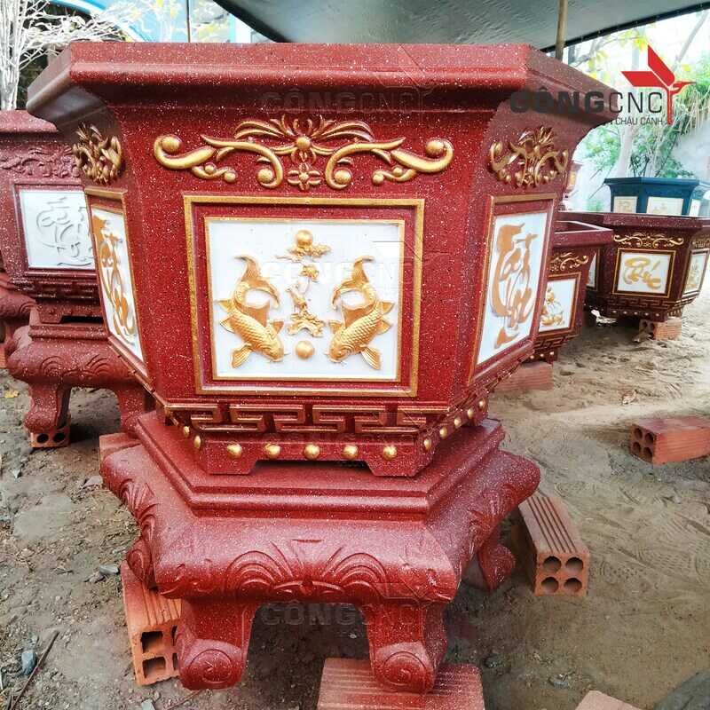 Khuôn Chậu Cảnh ABS Lục Giác 60 Hoa Sen, Phúc Lộc Thọ, Cá chép - Tài Lộc + Khuôn Chân Đôn Kỷ 60 - LG60