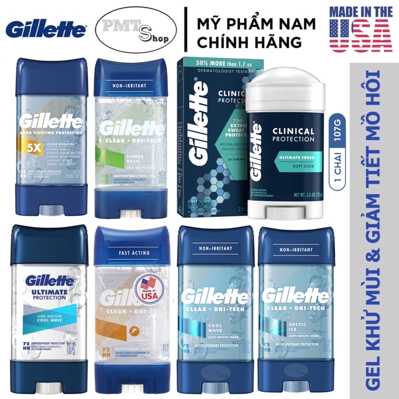 Lăn khử mùi nam Gillette Clear Gel 107g Sport Active , Arctic Ice , Cool Wave 6in1 Ultimate5X Clase Mundial 108g