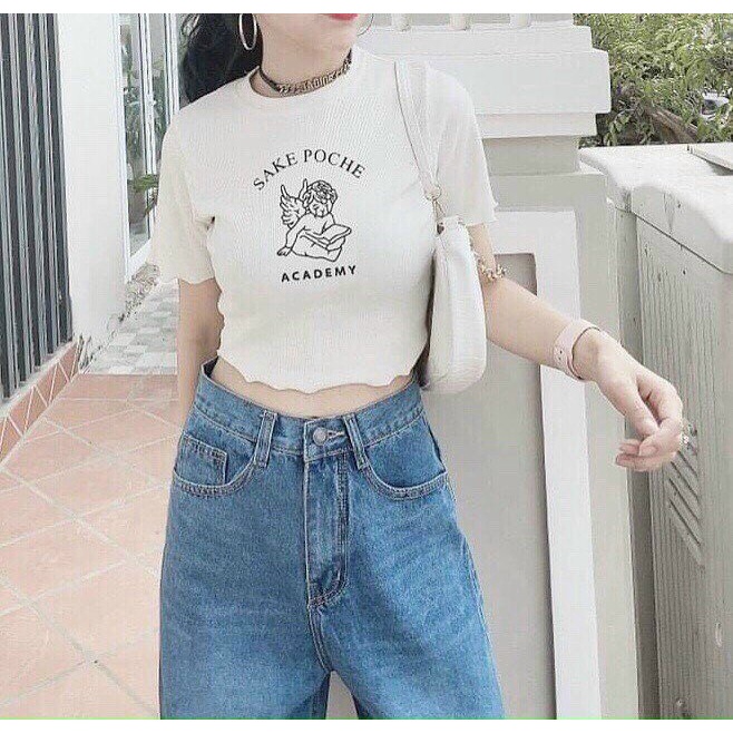 Áo Croptop Thiên Thần Xoắn Viền -  Áo Thun Croptop Cổ Tròn Viền Sake Màu Trắng