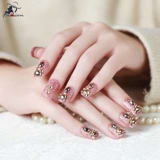 Set 24 móng tay giả đính hạt lấp lánh xinh xắn cho cô dâu dễ dàng tháo rời