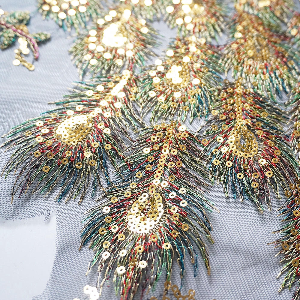 Đen Vải Tuyn Thêu Hình Chim Công Đính Kim Sa Vàng Lấp Lánh Trang Trí Cổ Áo Cưới diy