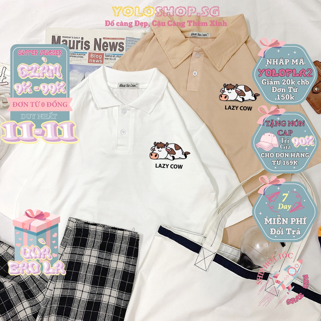 Áo thun Polo tay lỡ 🐮 LAZY COW 🐮 phông Unisex nam nữ tee oversize form rộng pull Ulzzang Streetwear Hàn Quốc vải mềm