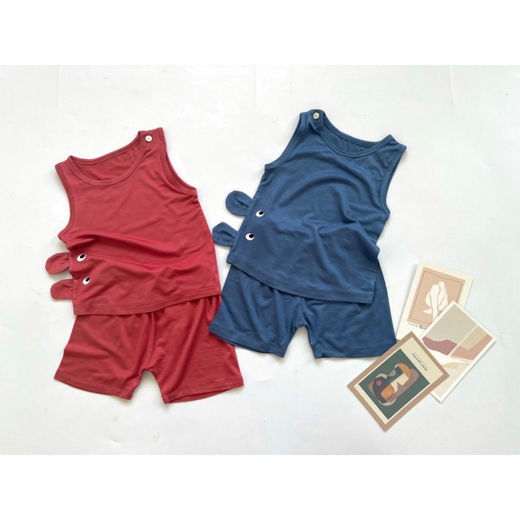 Bộ ba lỗ quần đùi thun lạnh bé trai/bé gái KWOO có mắt và tai thỏ nhiều màu, có size 6-18kg