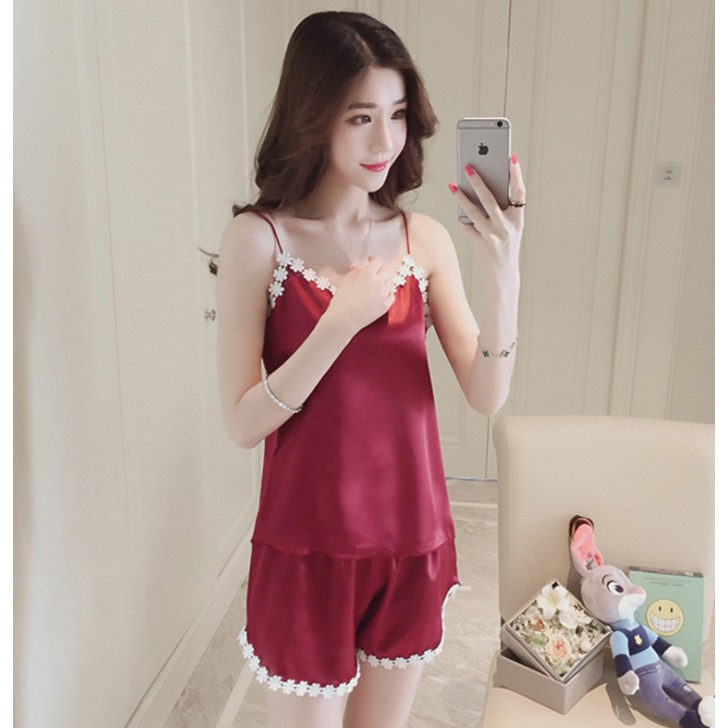 Set Ngủ 2 Dây Lụa Phối Ren, Bộ Đồ Ngủ Nữ Lụa sexy Siêu Mát