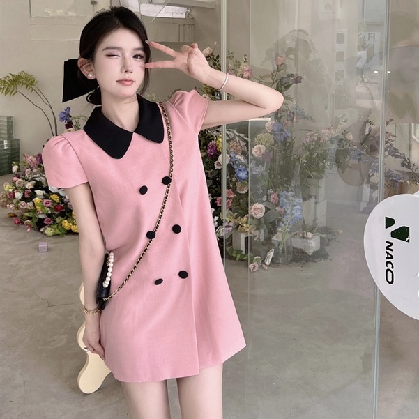 Đầm Nữ Ngắn Tay Ôm Dáng Hai Hàng Nút Cài Màu Sắc Tương Phản Phong Cách Pháp