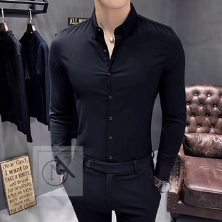 Áo SƠ MI nam công sở mầu đen , vải lụa nến thái , không nhăn , form body ôm dáng