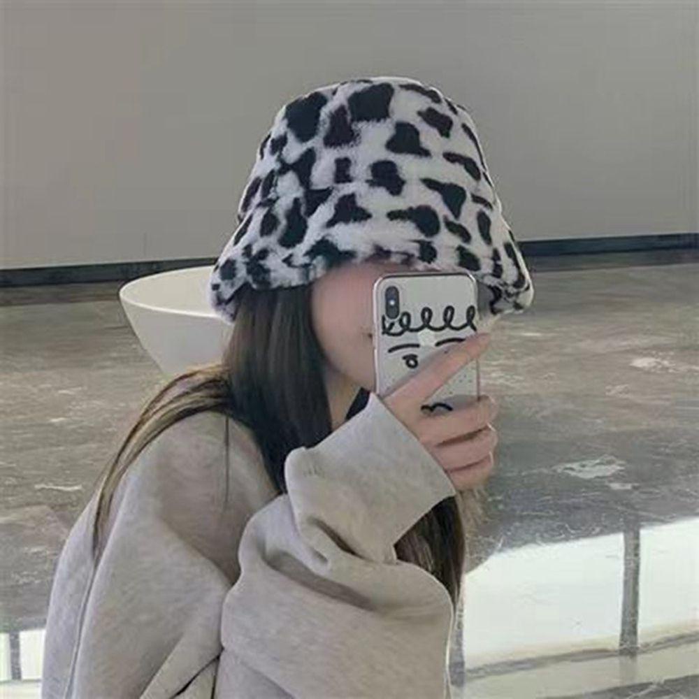 Nón Bucket Chất Liệu Nỉ Họa Tiết Da Báo Đơn Giản Thời Trang Thu Đông Cho Nữ