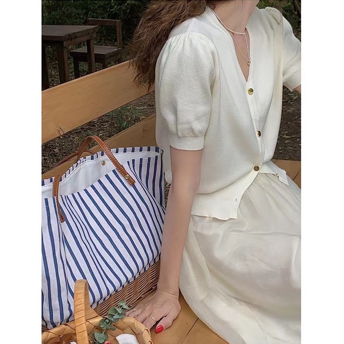Áo cardigan dệt kim XIAOZHAINV tay phồng cổ chữ V phong cách Hàn Quốc thời trang mùa hè với 3 màu tùy chọn