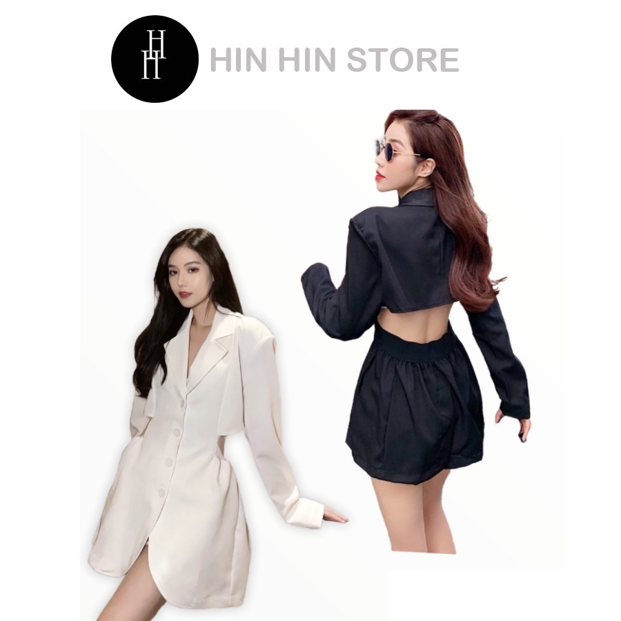 Đầm sơ mi cài nút cắt hở lưng thun HDT197 - Hỉn Hỉn Store