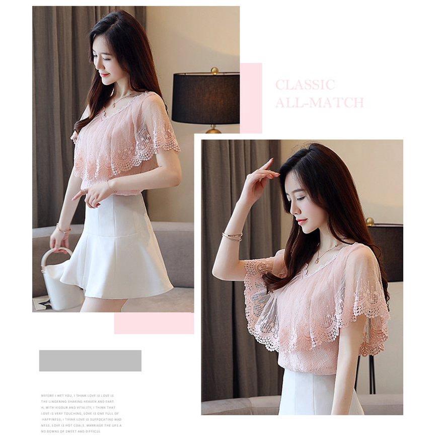 Áo kiểu chiffon phối ren hoa cổ V nữ tính