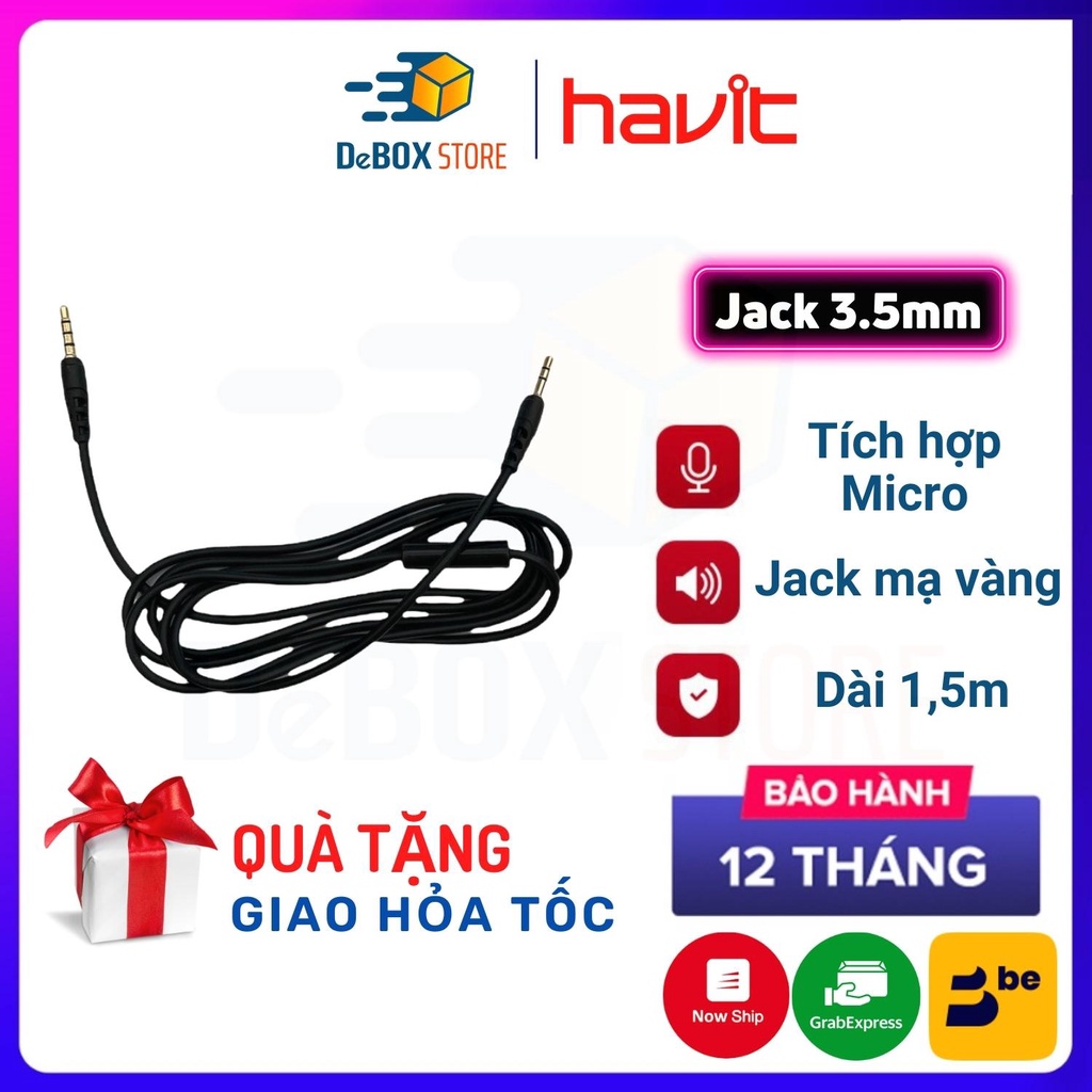 【Giao Hỏa Tốc】Cáp 3.5mm HAVIT Tích Hợp Micro, 1.5m, Tương Thích Headphone Sử Dụng Cổng 3.5mm - Hàng Chính Hãng