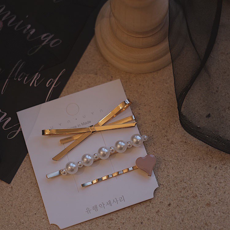 Kẹp Tóc Ba Món Đính Nơ Ngọc Trai Hình Trái Tim Phong Cách Hàn Quốc Cho Nữ