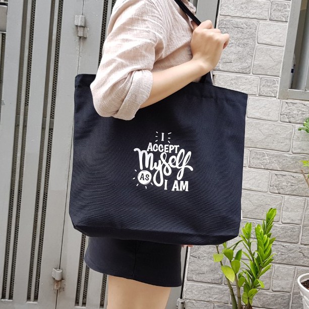 Túi Tote Vải Canvas Chữ Nhật Ngang In Hình Thời Trang COVI Màu Đen Và Mộc T40