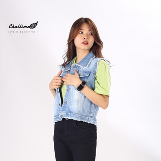 Áo khoác gile jean Chollima xanh trắng tua lai AK007 – áo khoác bò ulzzang