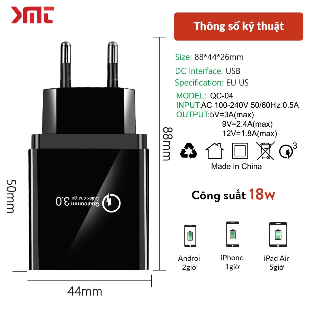 Củ sạc nhanh di động quick charge 3.0 kèm dây sạc nhanh iphone samsung sạc nhanh củ sạc nhanh 18w  KMT Store